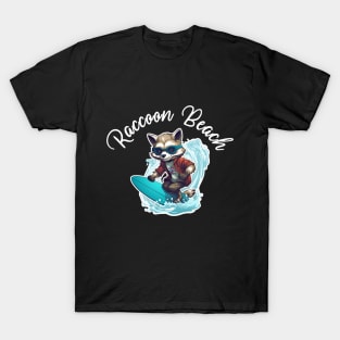 Raccoon Surfing - Raccoon Beach (White Lettering) T-Shirt